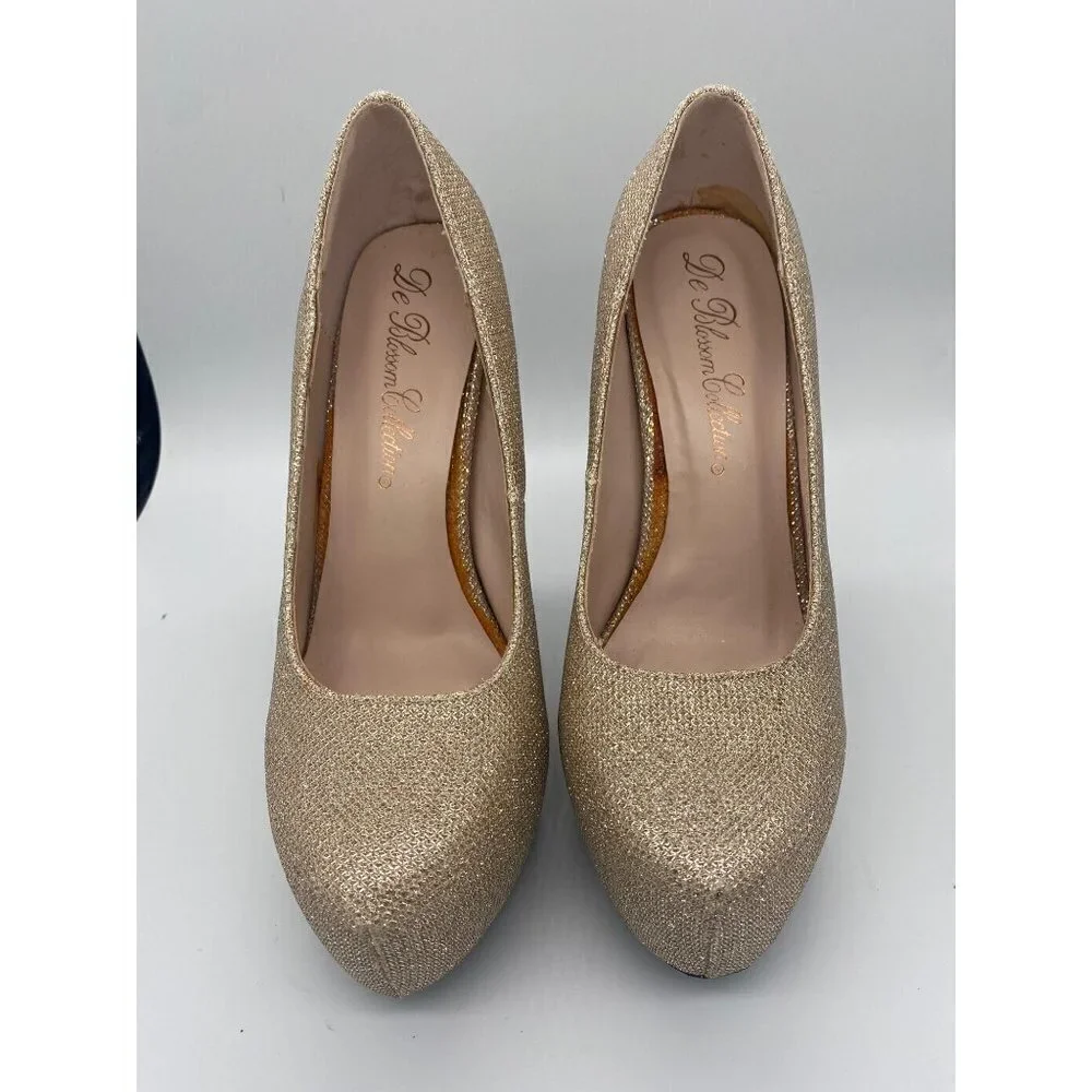 De Blossom Collection Gold Crystal Platform Heel Pumps, size 7